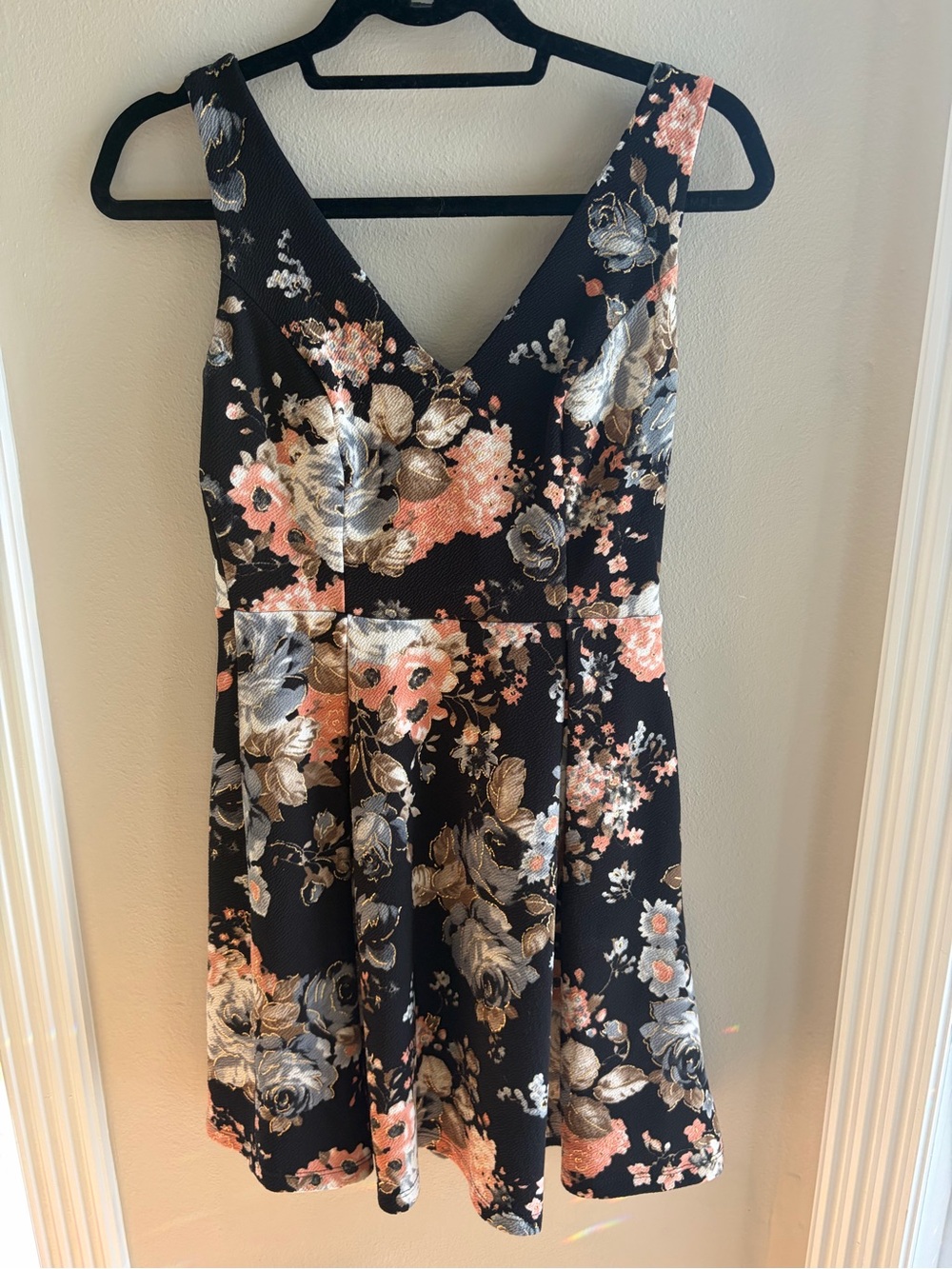 Soprano Black Floral V-Neck Fit Flare Mini Dress S